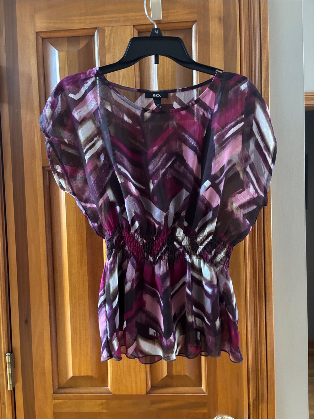 BCX Purple and Pink Abstract Print Smocked-Waist Blouse